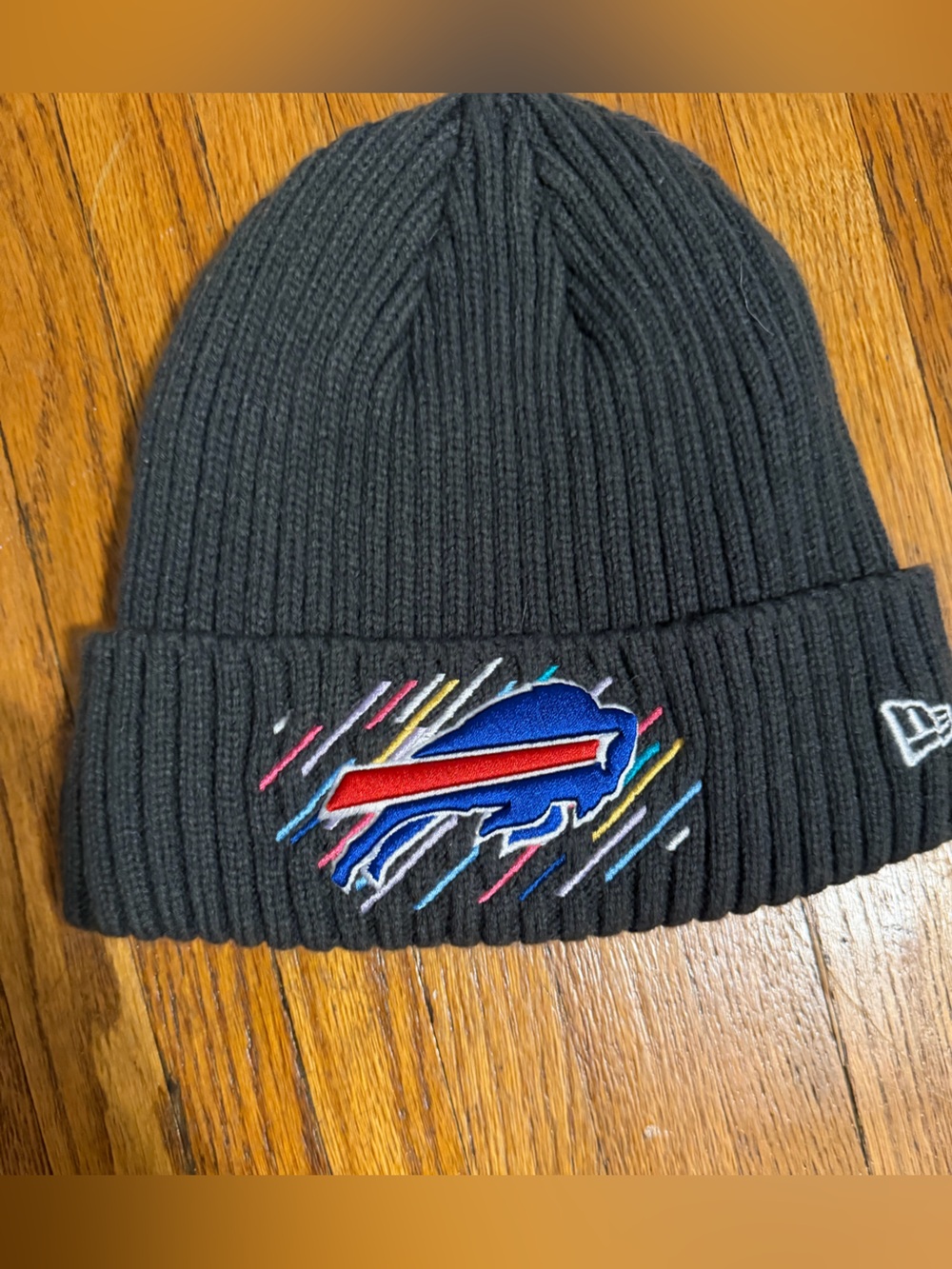 New Era Black Ribbed Beanie with Multicolor Buffalo Logo